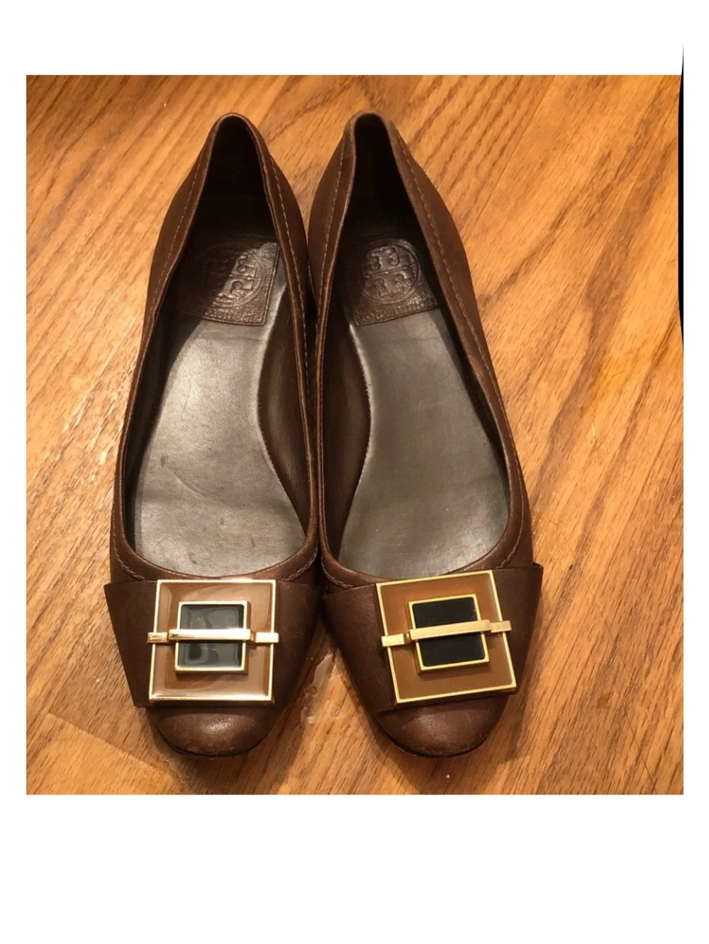 Tory Burch Brown Leather Ballet Flats with Gold Buckle Accent